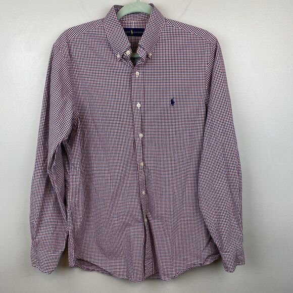 Ralph Lauren Shirt Mens Medium Red Blue Gingham Check Button Down Classic Fit - Picture 1 of 9
